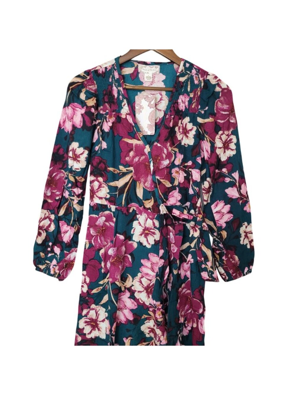 Hand Of The Bee Floral Maxi Dress Size S Pine Plum Long Sleeve Wrap Style NWT - Picture 3 of 9